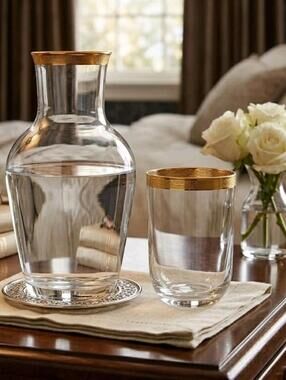 Vintage Gold Gilt Glass Bedside Carafe Tumbler Set Hollywood Regency Elegant